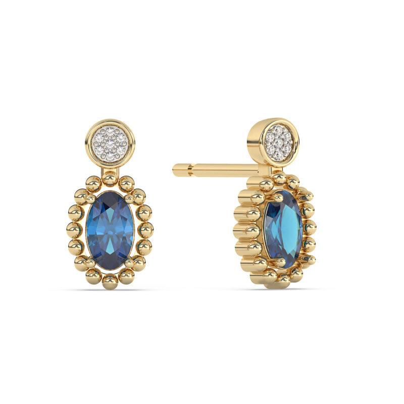 een paar 14 Krt geelgouden oorstekers met 14 diamant briljant geslepen totaal 0.02 H SI en 2 London Blue Topaas stenen totaal 0.56 crt.