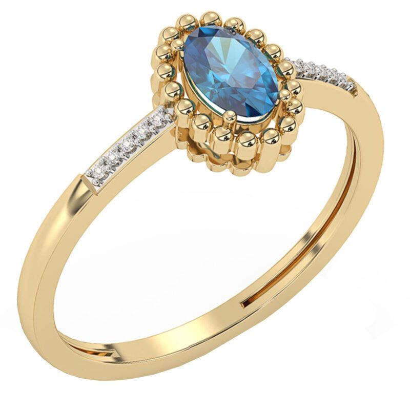 Een 14 krt geelgouden ring met middensteen London Blue Topaas en op de ring bezet met 10 diamantjes briljant geslepen totaal 0.10 crt.