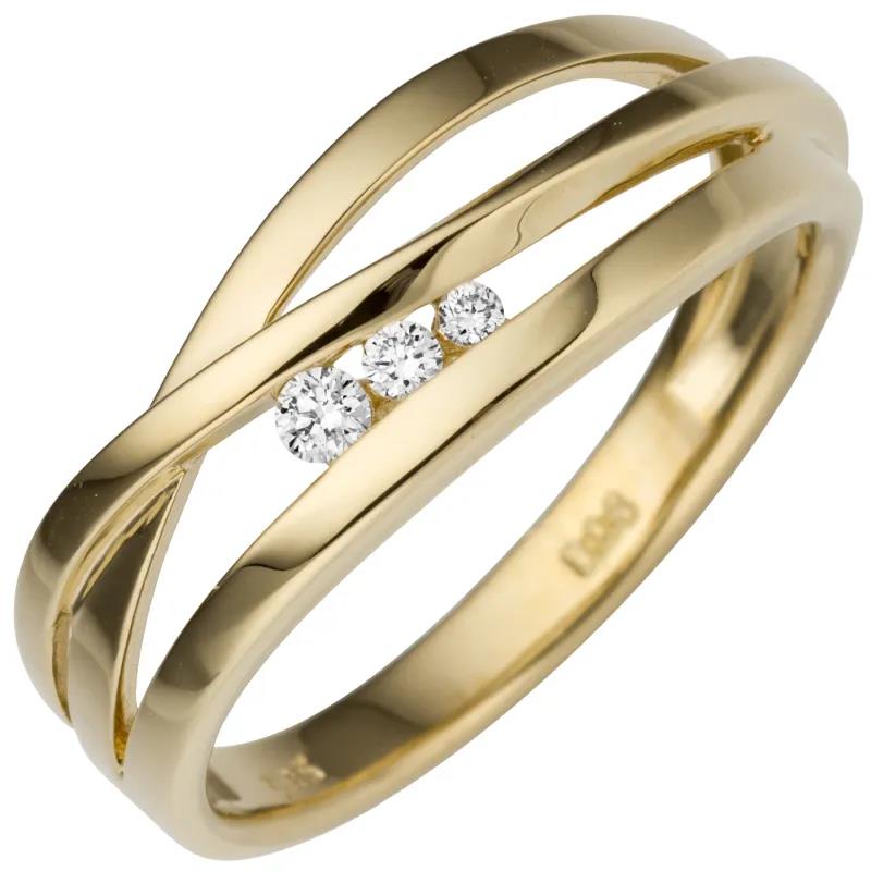 Een 14 krt geelgouden fantasie ring met 3 diamantstenen briljant geslepen totaal 0.08 Crt.