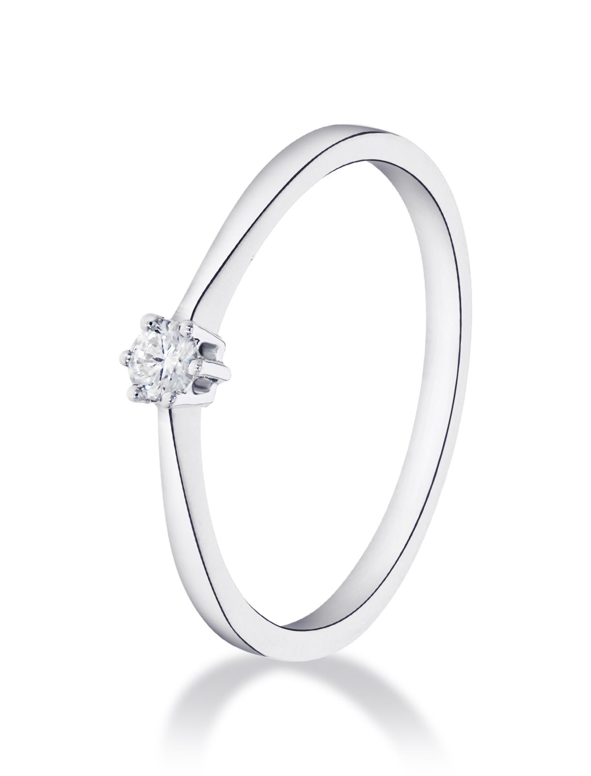 Een 14 krt witgouden solitairring met 6-pootszetting 1 diamant briljant geslepen 0.05 Crt H SI.