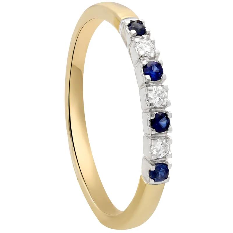 Een 14 krt bicolor kleursteen rij-ring met 3 diamant briljant geslepen stenen totaal 0.06 Crt H SI. en 4 saffier stenen 0.11 crt totaal. 