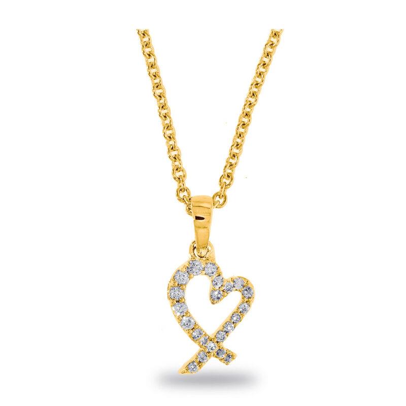 Een 14 Krt geelouden collier met geelhouden hanger hart met 20 diamant stenen briljant geslepen totaal 0.09 Crt H SI.