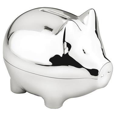 een verzilverde spaarpot in vorm van een varken
