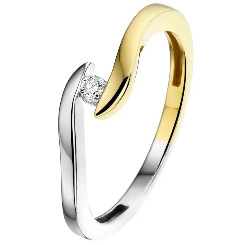 een 14 krt bicolor slagring met 1 diamant briljant geslepen 0.04 Crt H SI.