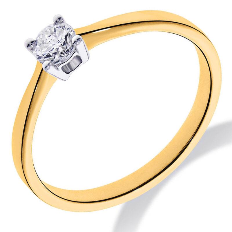 een 14 krt geel gouden solitaire ring met witgouden zetting en een diamant briljant geslepen 0.20 crt H SI