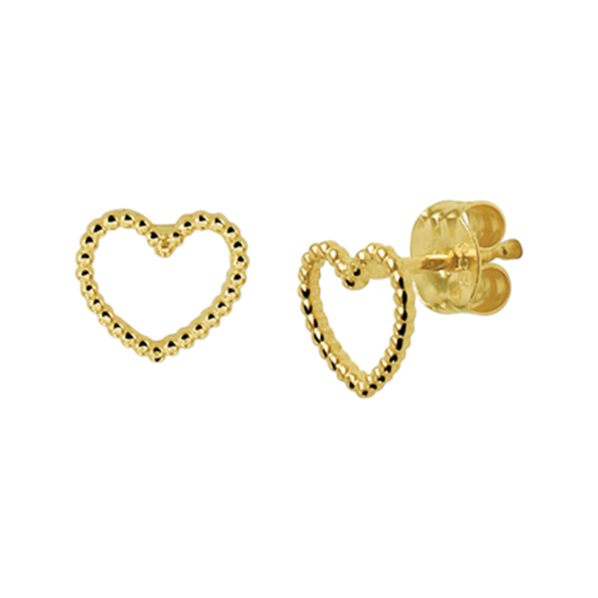 Geelgouden hart oorknoppen met een bolletjes vormige buis. De oorknoppen hebben een afmeting van 6x7mm en zijn poli afgewerkt.