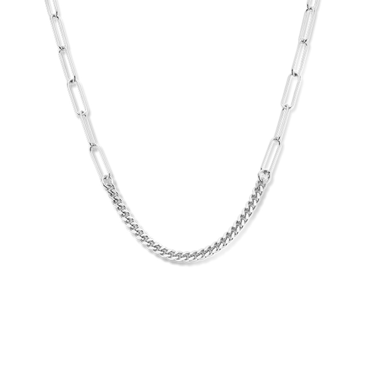 Gerhodineerd 925 zilveren collier uitgevoerd met een gourmette schakel van 2,8mm en een paperclip schakel van 3.5mm. Het collier heeft een draaglengte van 81cm en een karabijn sluiting.
