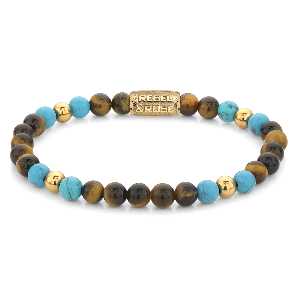 Edelstenen bead armband, handgemaakt van 4mm stenen (Tijgeroog, Turkoois, en goud plated) met een 18 karaat goud ion-plated edelstalen sluiting. Het Rebel & Rose sieraad is makkelijk te combineren met andere zilveren, leren of kralenarmbanden.
