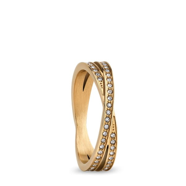 586-27-82 Bering stalen sieraad; goudkleurige crossover ring met steentjes.