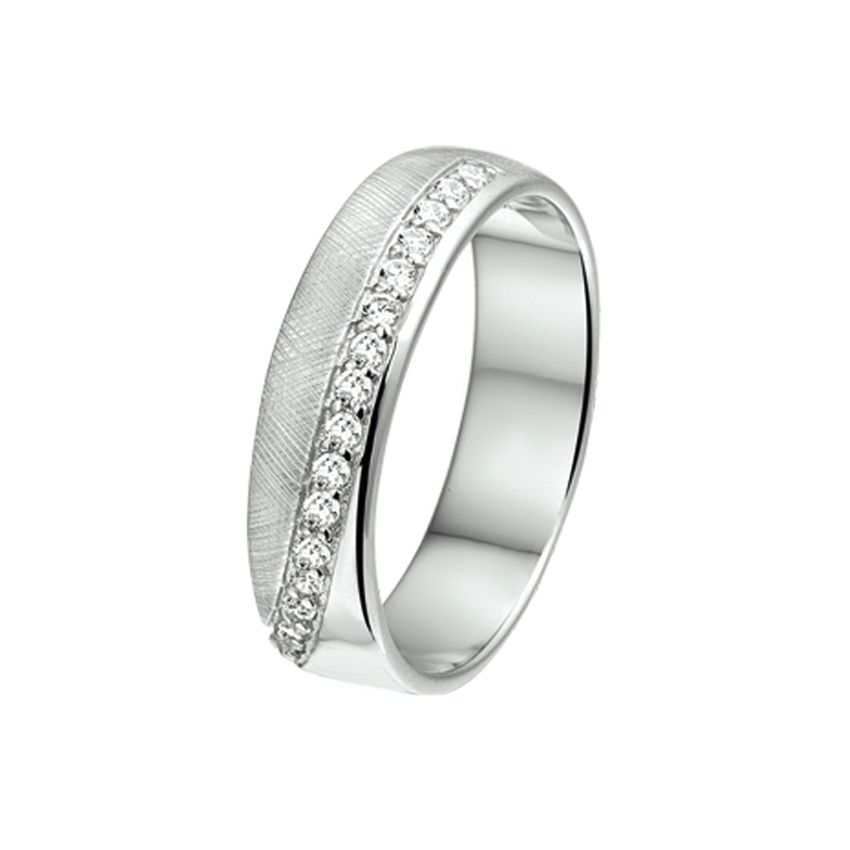 Gerhodineerd zilveren ring met zirkonia en een poli en gescratchte afwerking.
Breedte: 6 mm. Ringmaat: 17.75 mm (56)
