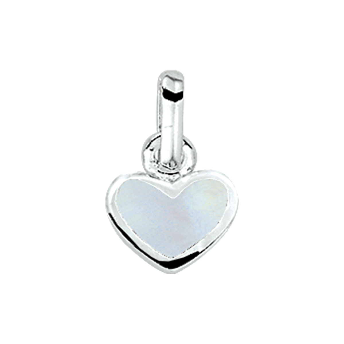 Zilveren hanger/bedel met parelmoer hartje.
Breedte: 9.8 mm. Hoogte: 10.5 mm