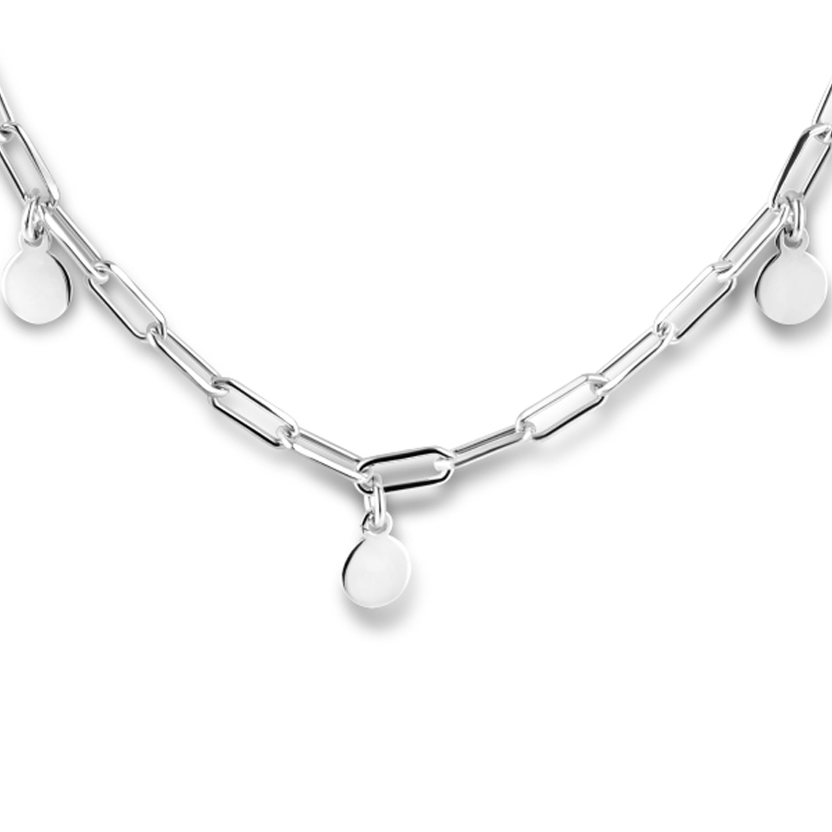 Gerhodineerd 925 zilveren collier uitgevoerd met rondjes van 5mmen een karabijn sluiting. Het collier heeft schakelbreedte van 2.8mm en een draaglengte van 41cm met een extensie van 3cm.