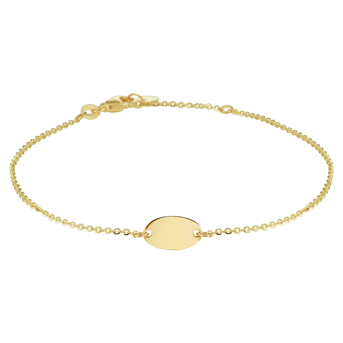 Beschrijving: Stijlvolle geelgouden anker armband uitgevoerd met een ovaal plaatje van 6x10.5mm. De armband heeft draaglengtes van 17 en 19cm en is uitgevoerd met een stevige karabijn sluiting. Minimalistisch ovaal design voor een trendy uitstraling.