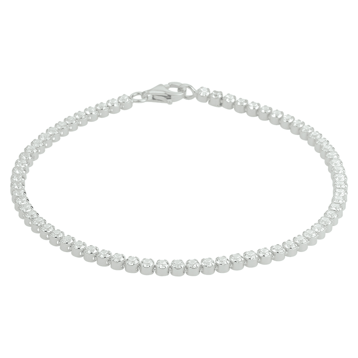 Gerhodineerd 925 zilveren tennisarmband uitgevoerd met een schitterende zirkonia rij en een stevige karabijn sluiting. De armband heeft een draaglengte van 17cm en een breedte van 2.5mm.