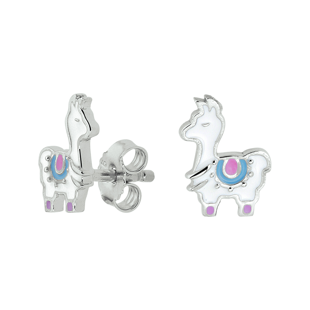 Gerhodineerd zilveren oorknoppen in de vorm van een alpaca uitgevoerd met emaille. De oorknoppen hebben een afmeting van 9x7mm.