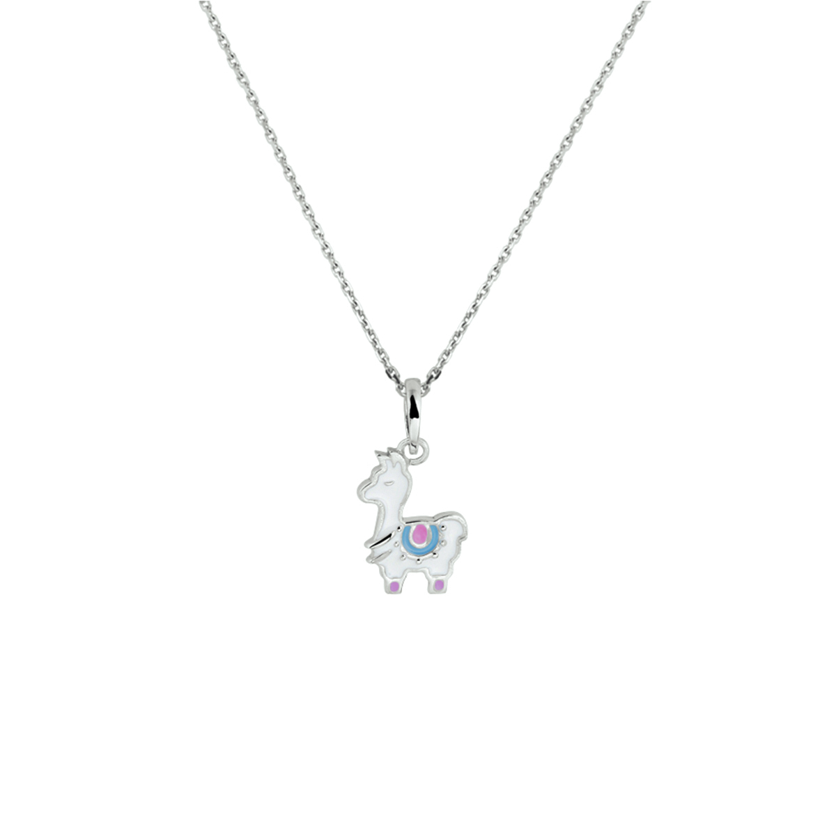 De collier is gemaakt van gerhodineerd zilver en is rokleurig. Het is een sieraad voor kinderen.