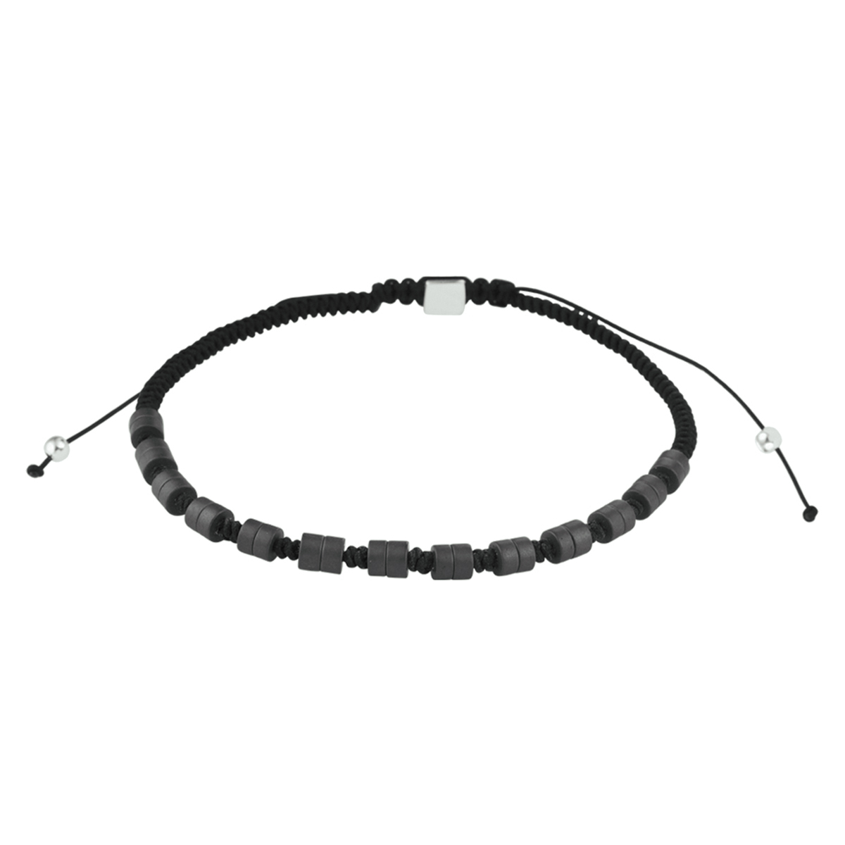 Stoere armband uitgevoerd met hematiet stenen en zilveren elementen. De armband heeft een breedte van 4mm en een draaglengte van 19 tot 26cm. Tip: Leuk om kado te geven!