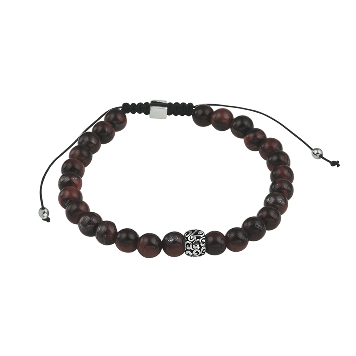 Stoere armband uitgevoerd met rood tijgeroog en 925 zilveren elementen. De armband heeft een breedte van 6.5mm en een draaglengte van 19 tot 26cm.