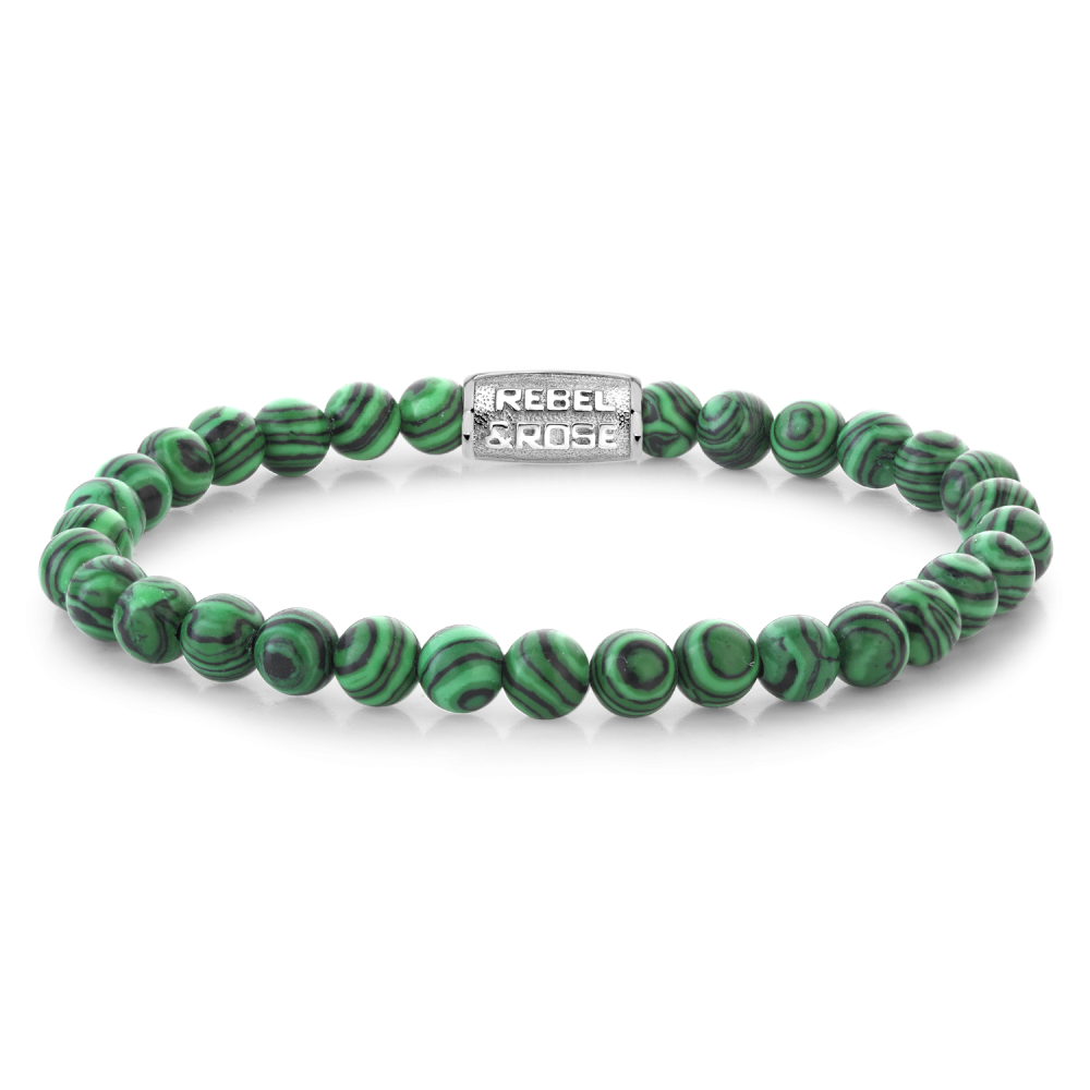 Natuurstenen armband van het merk Rebel & Rose. De armband heeft een hoogwaardige elastische stretch koord, 6mm beads van Artificial Malachite Azurit
