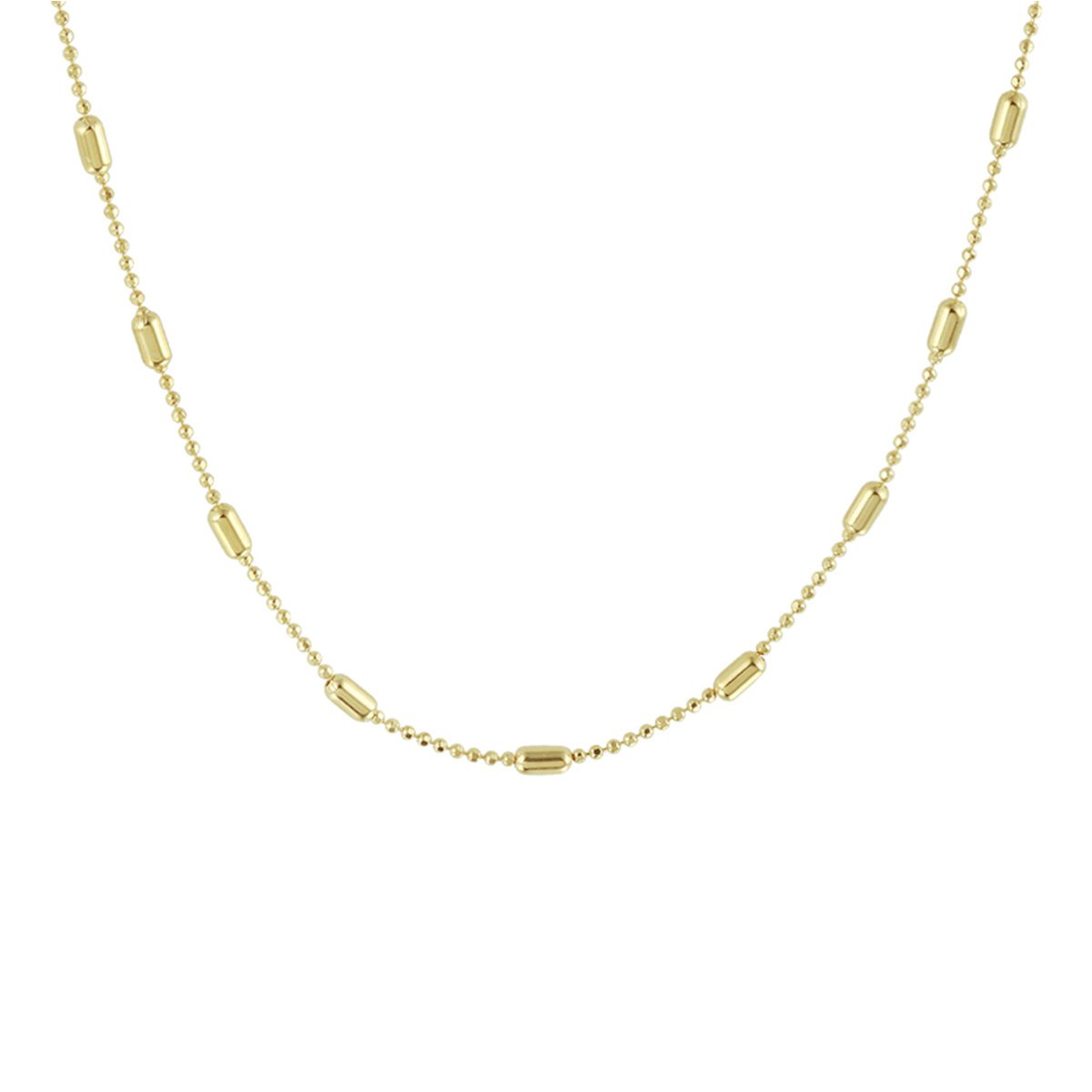 Trendy geelgoud op zilveren collier uitgevoerd met bolletjes van 1mm en staafjes van 2mm. Het collier heeft een stevige karabijn sluiting en een draaglengte van 40cm met een extensie van 4cm. Tip: Combineer het collier met een bijpassende armband en maak zo een leuke set!