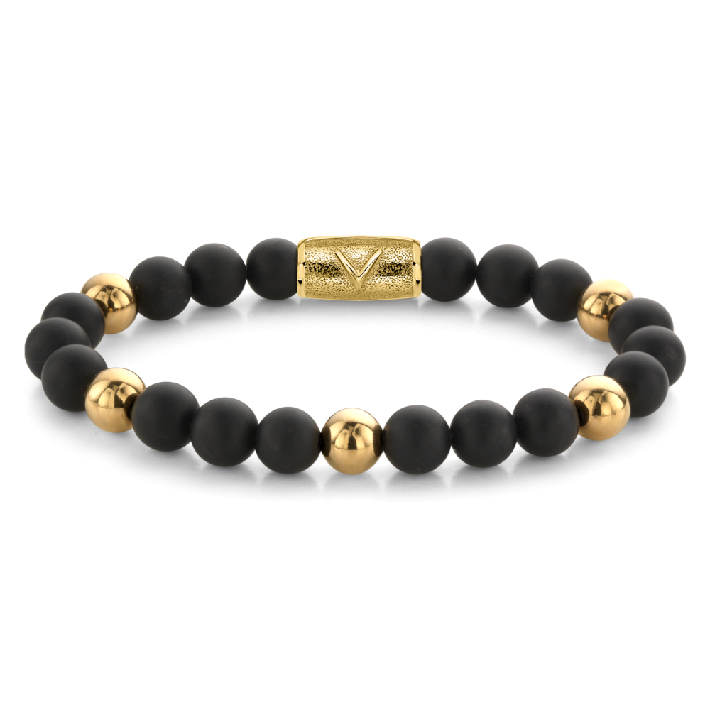 Natuurstenen armband van het merk Rebel & Rose. De armband heeft een hoogwaardige elastische stretch koord, en 8mm mat zwart Agaat natuurstenen en gold plated beads