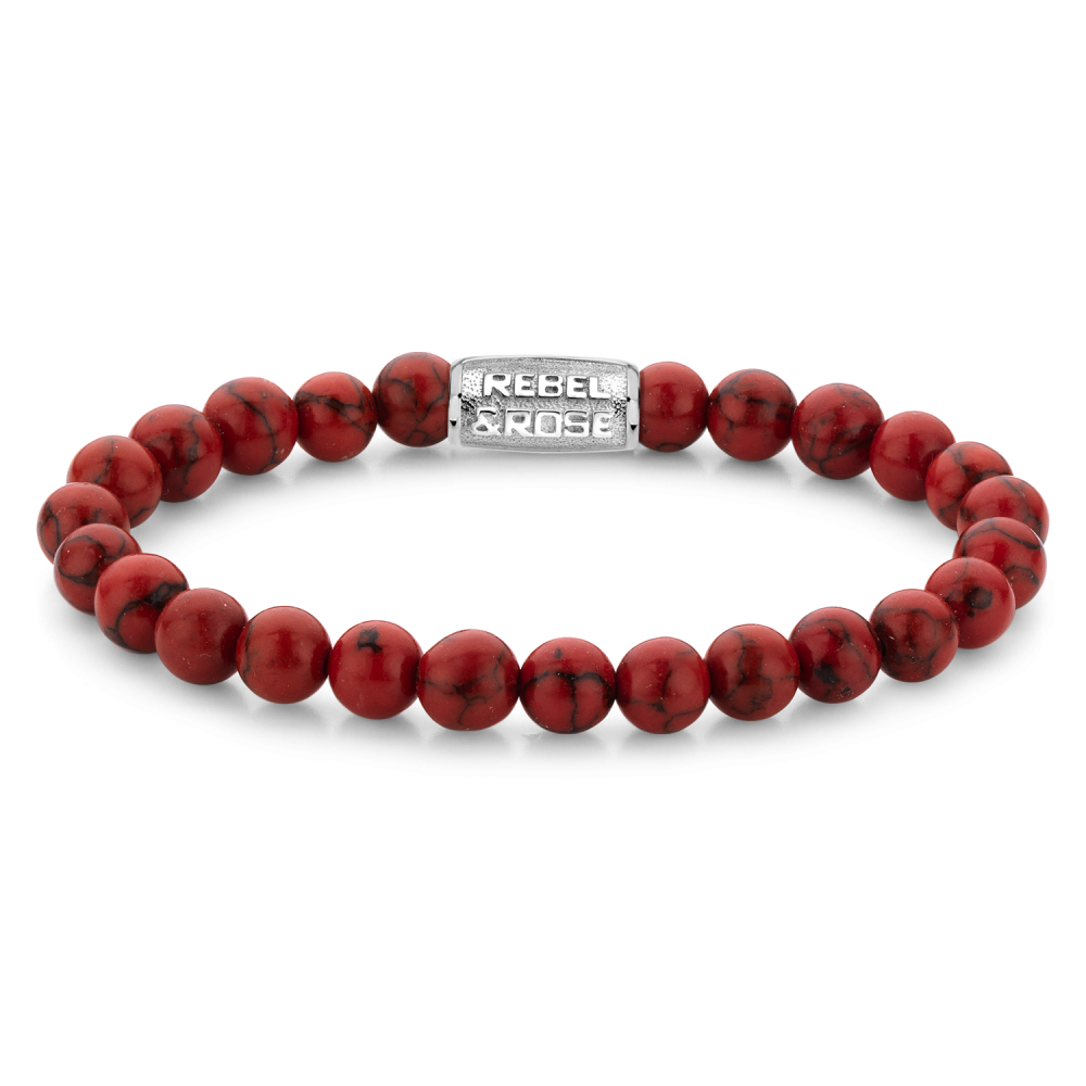 Natuurstenen armband van het merk Rebel & Rose. De armband heeft een hoogwaardige elastische stretch koord, 8mm rode Turkoois natuurstenen en RVS slotje