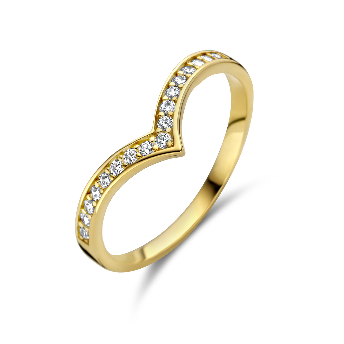14k Geelgouden ring uitgevoerd met zirkonia. De ring heeft een breedte van 6mm.