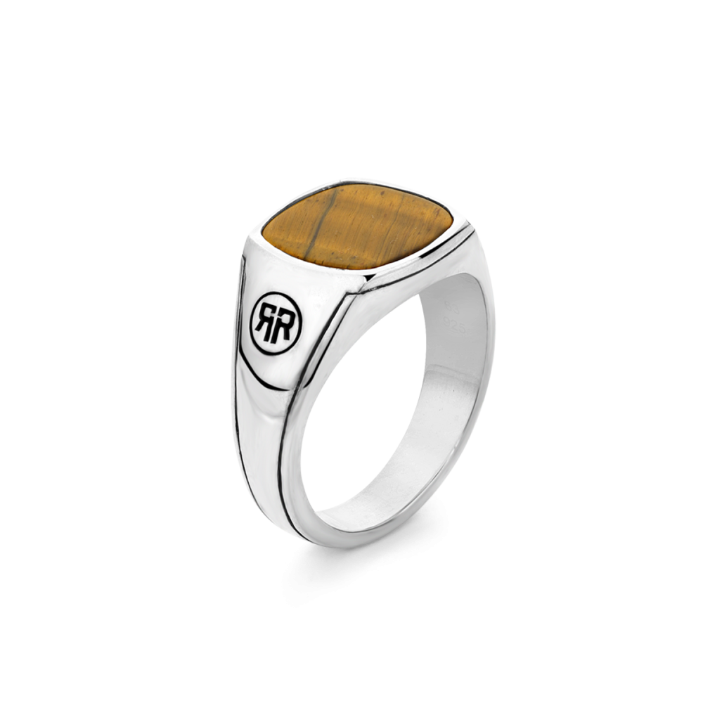 Sterling 925 zilveren zegelring, handgemaakt en met een vierkante bruine Tijgeroog edelsteen van 12 x 12 mm. Het zilver is glanzend afgewerkt.