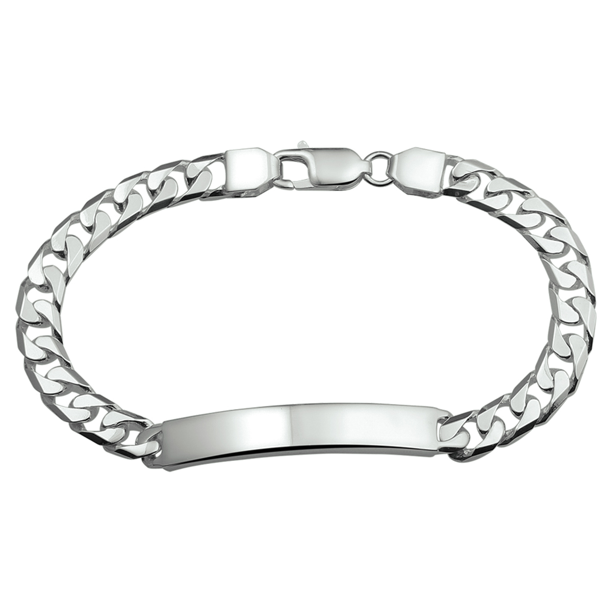 Zilveren graveerarmband. De lengte bedraagt 20cm en de breedte van de graveerplaat bedraagt 6.3mm en de dikte is 1.8mm. De schakelbreedte is 6.0mm.