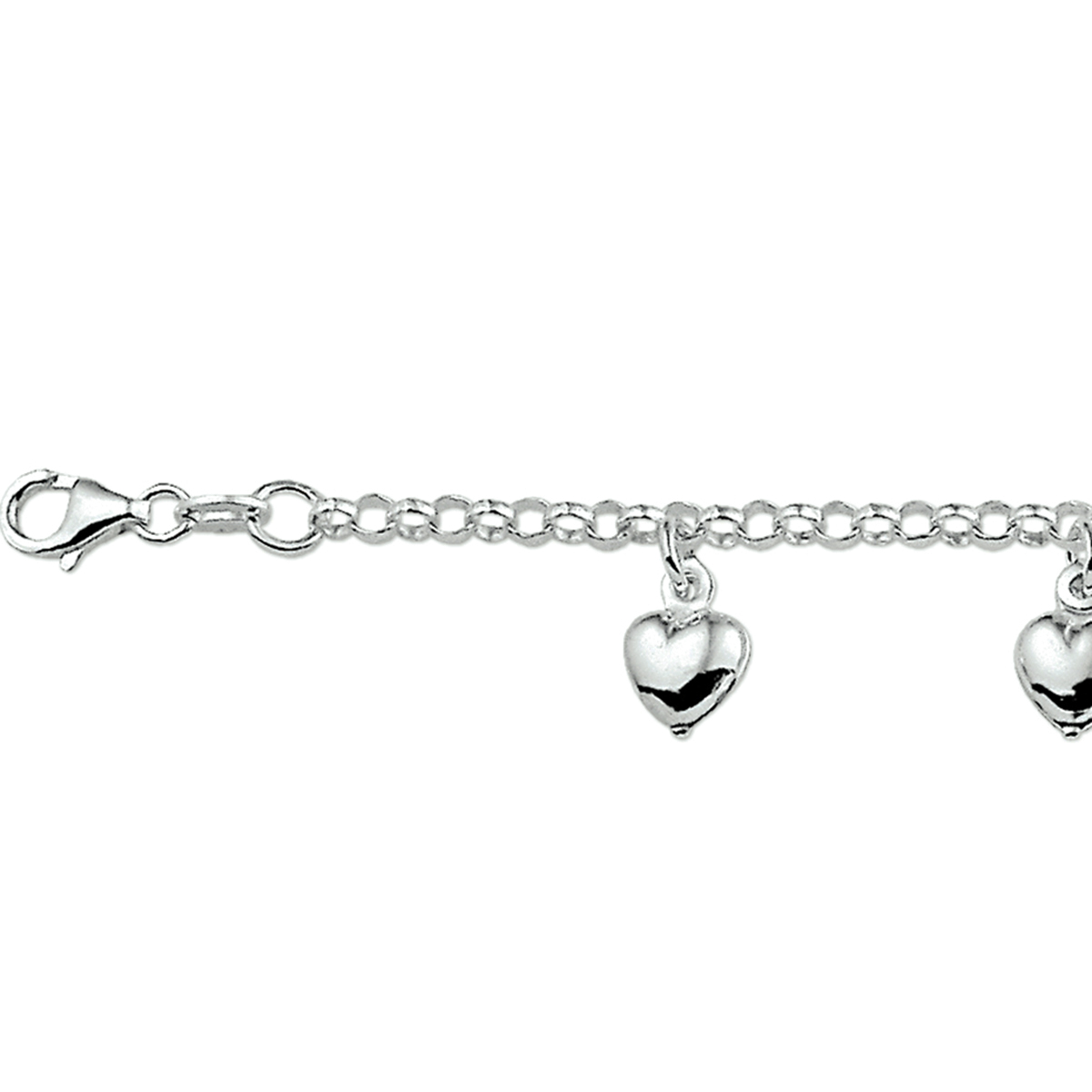 Zilveren jasseron schakel armband in 15 cm. met 5 gladde-bolle hartjes en een karabijn sluiting.
