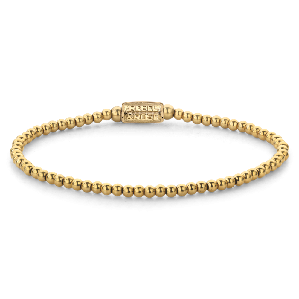 Armband van het merk Rebel & Rose. De armband heeft een hoogwaardige elastische stretch koord, met 3mm kralen van RVS 18kt ion-gold plated.