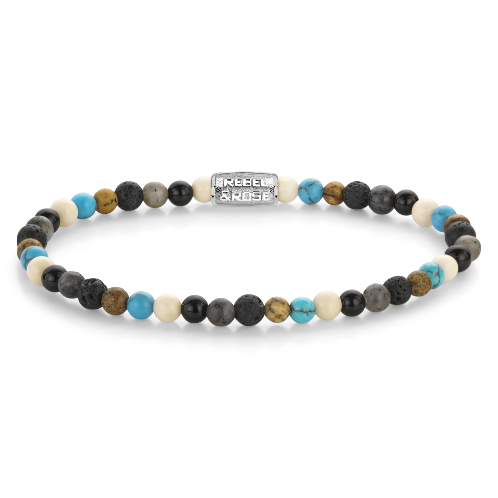 Bead armband, handgemaakt van 4mm zwarte Lava stenen en edelstenen Agaat, Larvikiet, Lithographic, Turkoois en Fossil met een zilverkleurig slot. Het Rebel & Rose sieraad is makkelijk te combineren met andere zilveren, leren of kralenarmbanden.