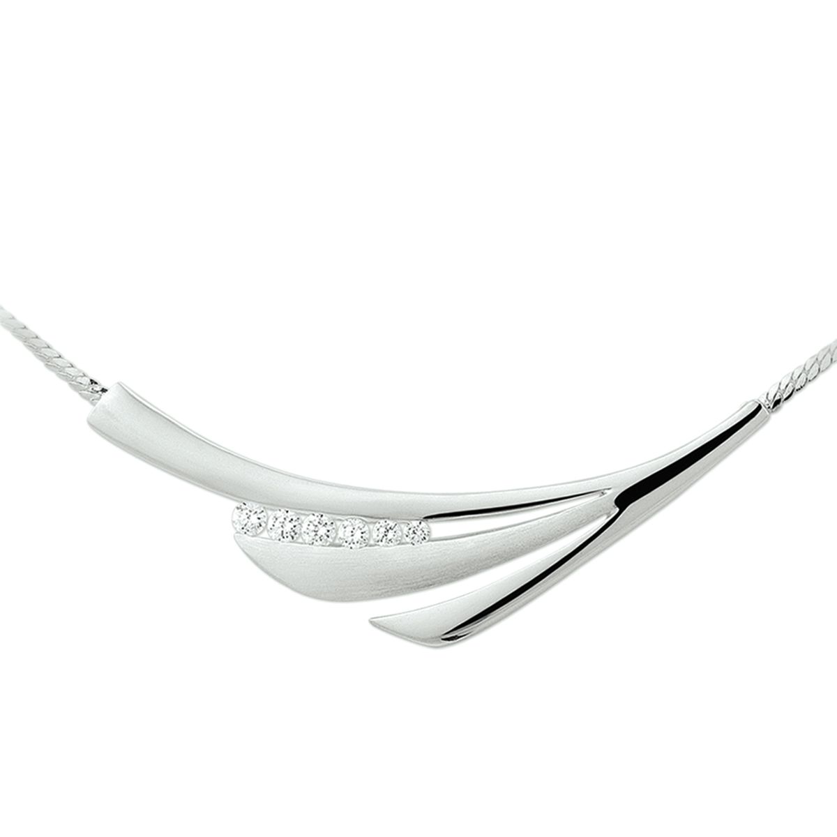 Zilveren collier met zirkonia en een poli/matte afwerking. De lengte van het collier bedraagt 42cm met 3cm extensie. 
Doelgroep: dames
Breedte: 1.9 mm
Kortste lengte: 42 cm
Langste lengte: 45 cm
Zetting: entourage (span zetting)