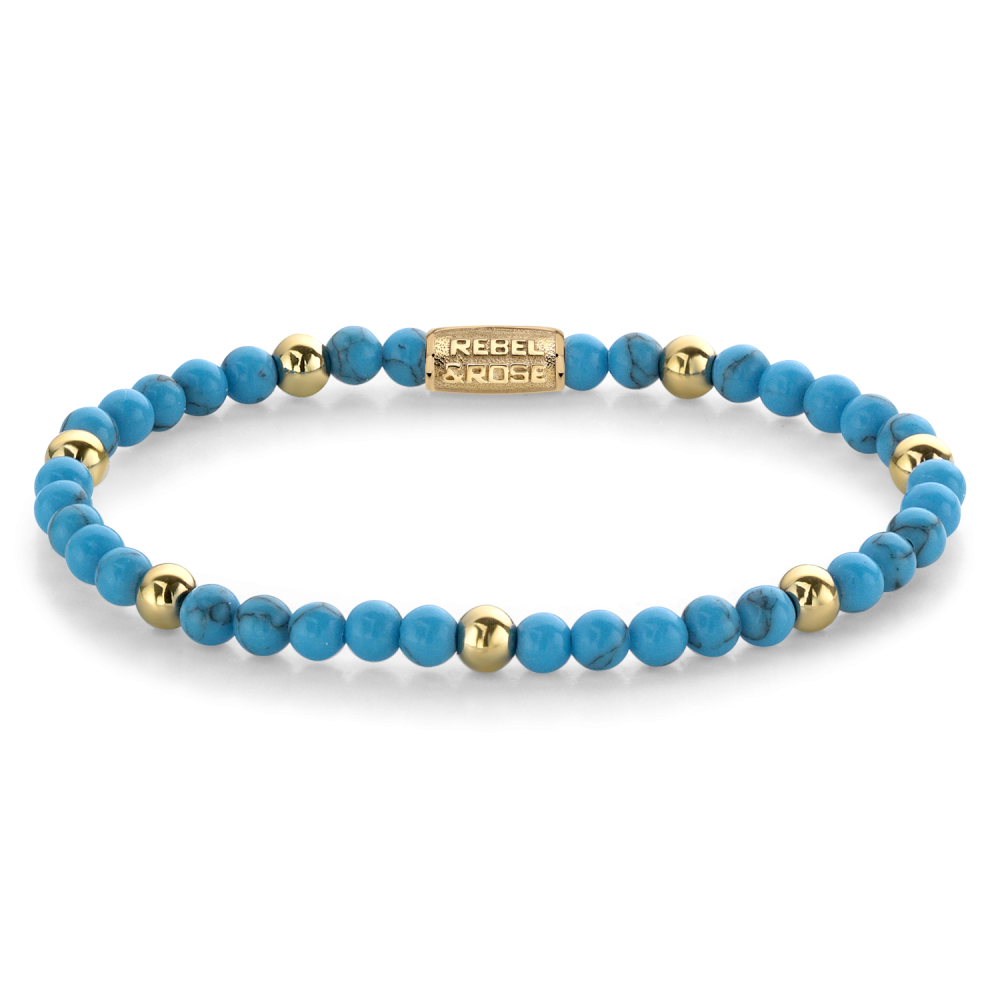 Armband van het merk Rebel & Rose. De armband heeft een hoogwaardige elastische stretch koord, met 4mm van Art. Turquoise, Hematiet Zilver.