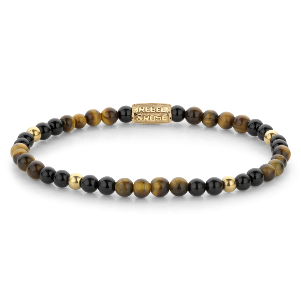 Armband van het merk Rebel & Rose. De armband heeft een hoogwaardige elastische stretch koord, met 4mm kralen van Tijgeroog, Onyx, RVS 18kt ion-gold plated.
