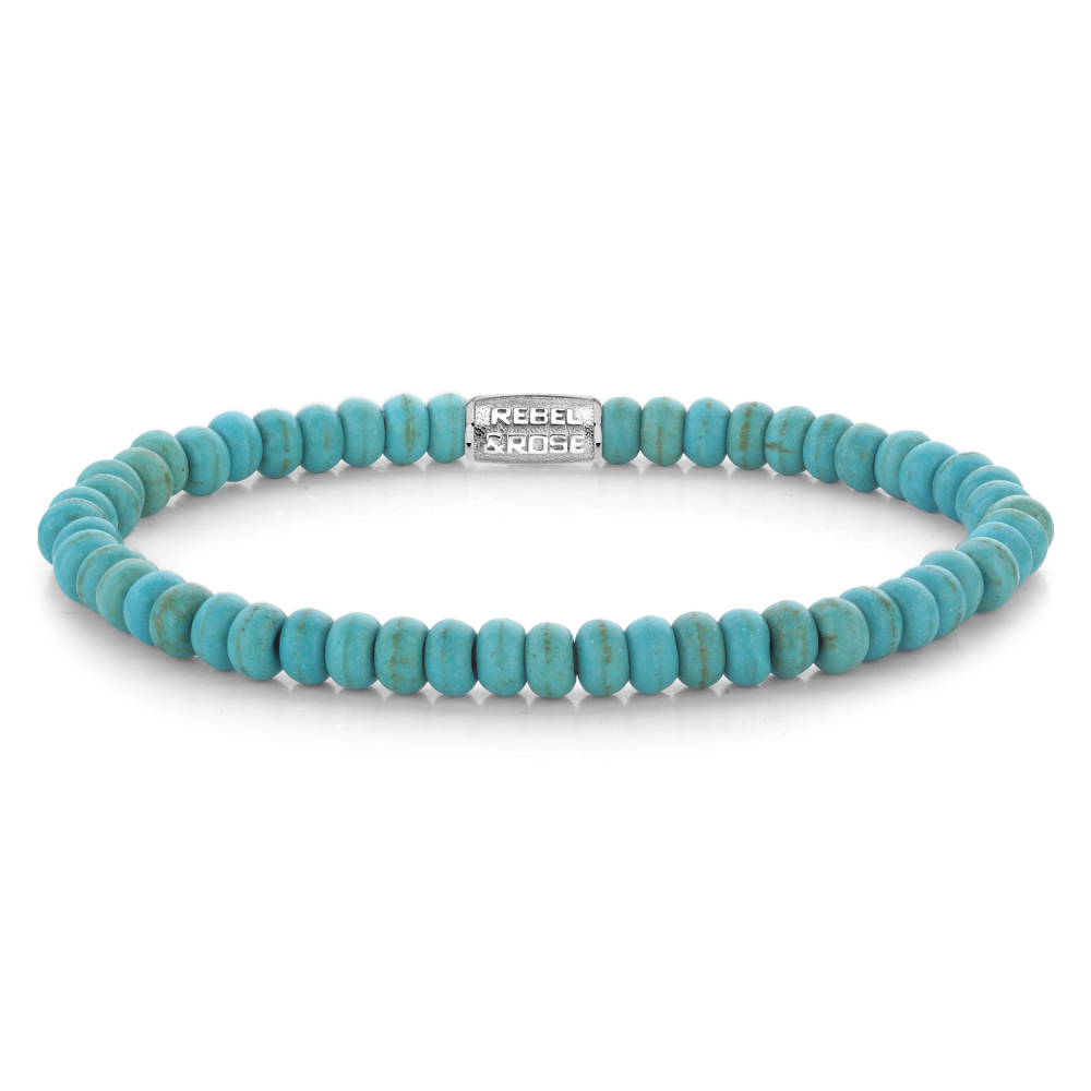 Natuurstenen armband van het merk Rebel & Rose. De armband heeft een hoogwaardige elastische stretch koord, 4mm Howlite White natuurstenen beads en RVS slotje