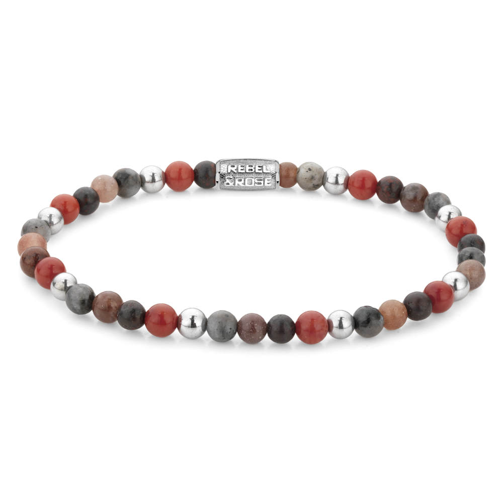 Natuurstenen armband van het merk Rebel & Rose. De armband heeft een hoogwaardige elastische stretch koord, 4mm beads van Jasper, Agaat, Larvikiet, Hematiet