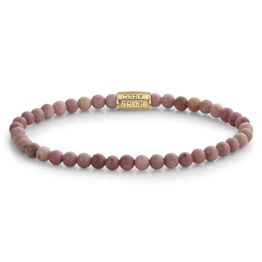 Edelstenen bead armband, handgemaakt van 4mm Moss Agate stenen met een 18 karaat goud ion-plated edelstalen sluiting. Het Rebel & Rose sieraad is mooi te combineren met onze andere leren, zilveren of kralenarmbanden.