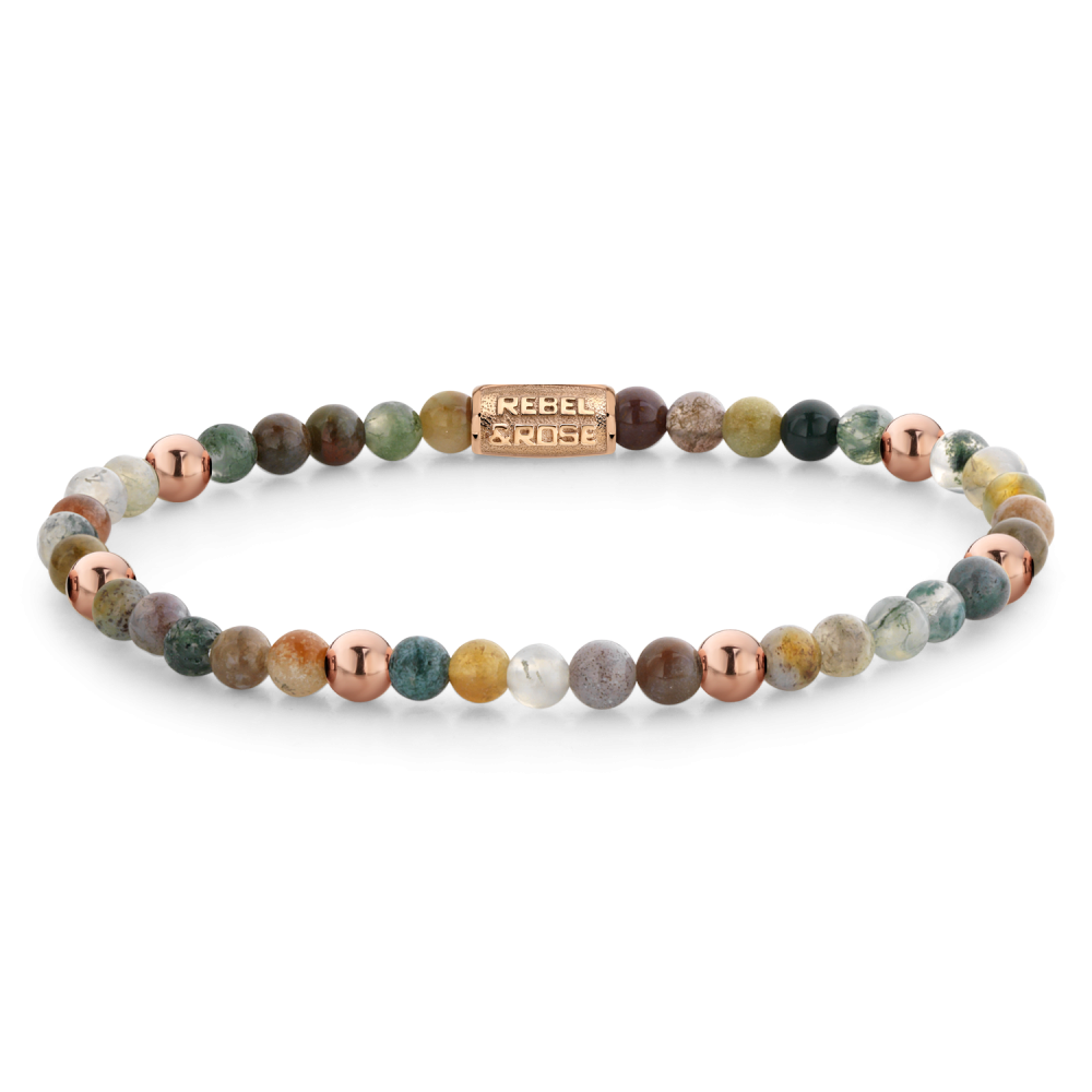 Bead armband, handgemaakt van 4mm Indiase Agaat stenen met een 18 karaat roségoud vergulde sluiting. Dit Rebel & Rose sieraad is mooi te combineren met andere kralenarmbanden..