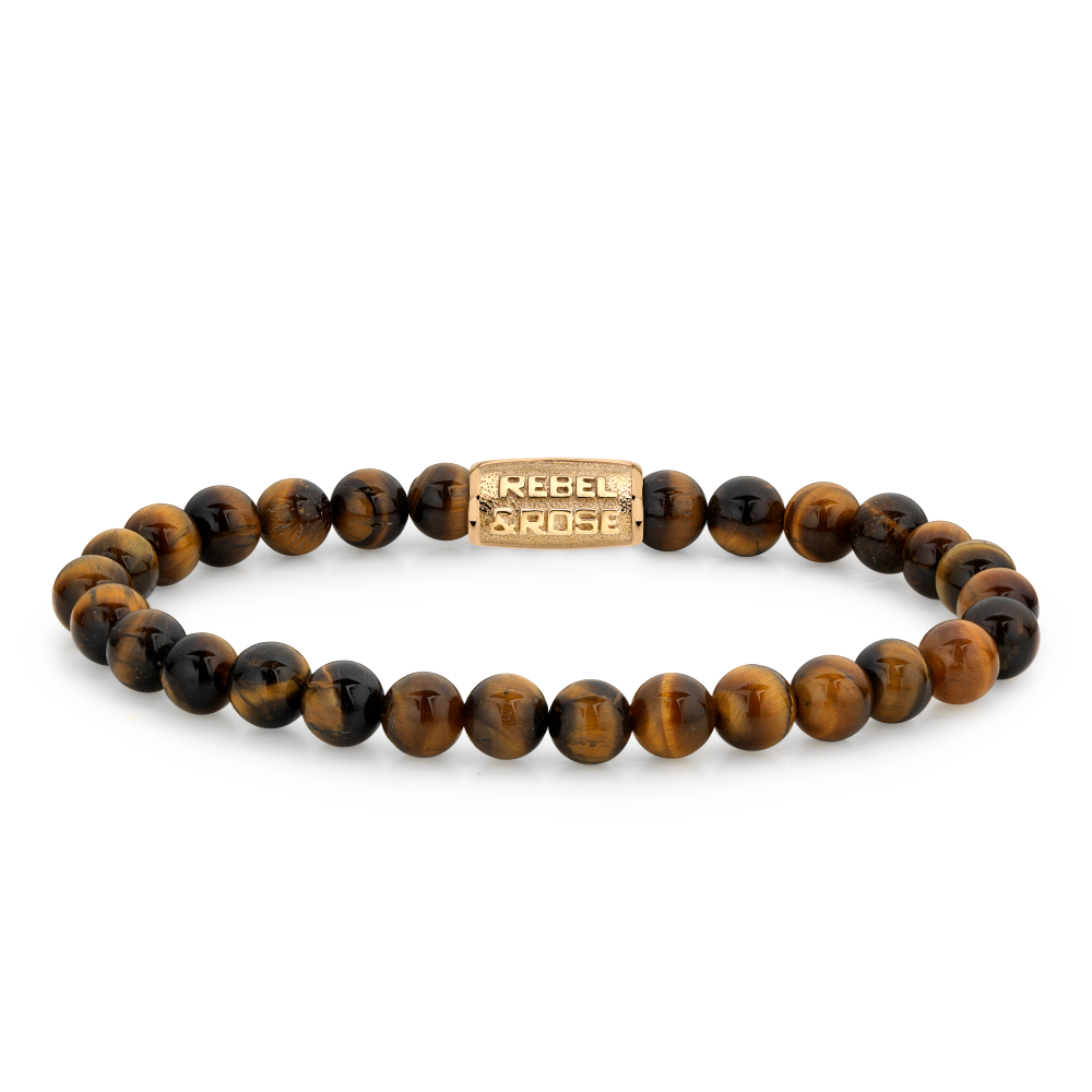 Natuurstenen armband van het merk Rebel & Rose. De armband heeft een hoogwaardige elastische stretch koord, bruin-gele 6mm Tijgeroog natuurstenen beads en RVS slotje