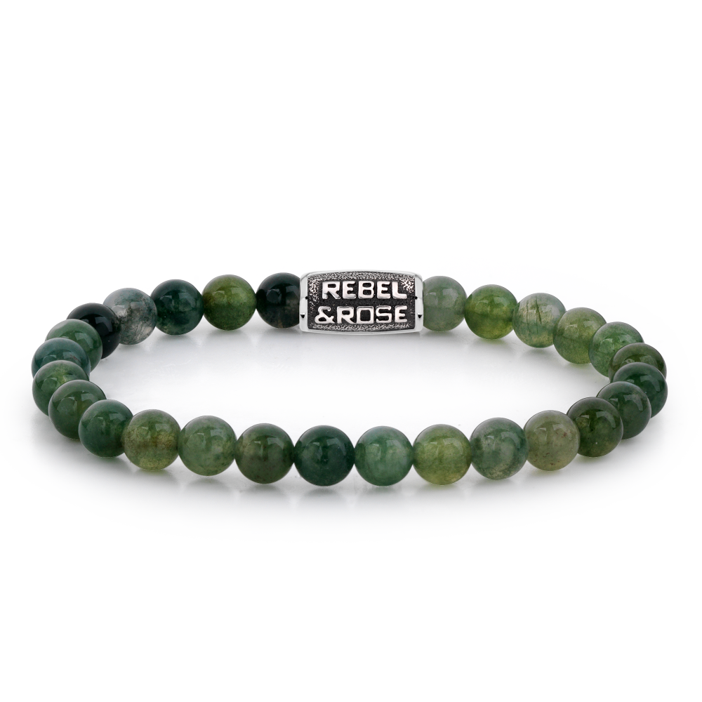 Natuurstenen armband van het merk Rebel & Rose. De armband heeft een hoogwaardige elastische stretch koord, 6mm mosgroene Agaat natuurstenen en RVS slotje