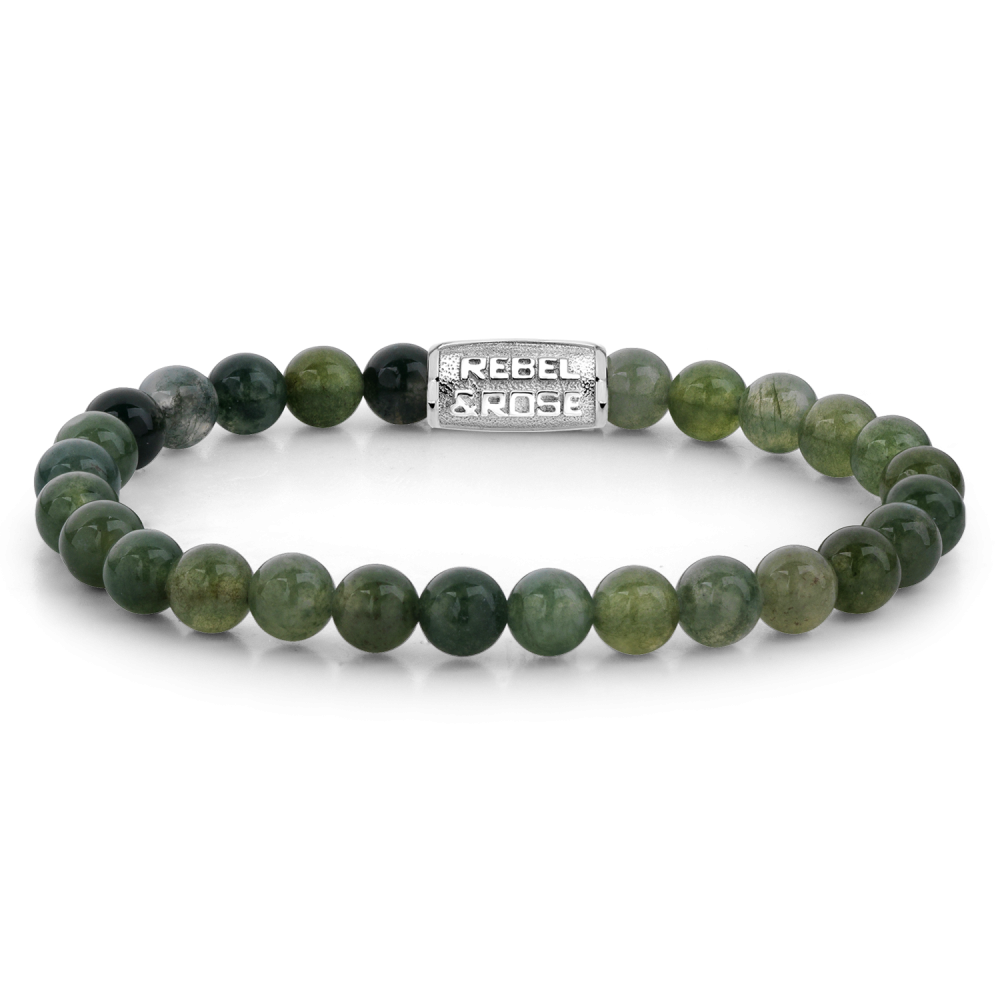 Edelstenen bead armband, handgemaakt van 6mm Moss Agate stenen met een zilverkleurige sluiting. Het Rebel & Rose sieraad is makkelijk te combineren met andere zilveren, leren of kralenarmbanden.