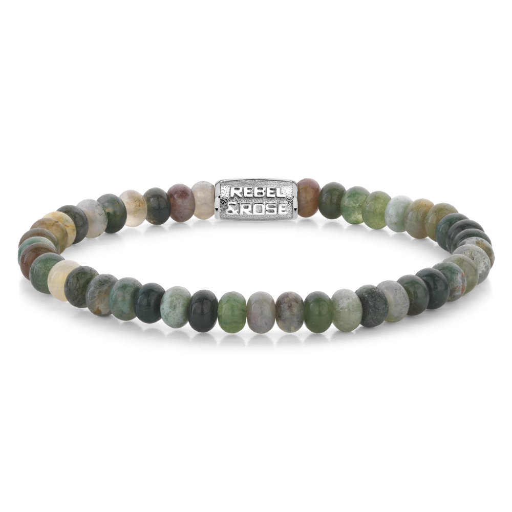 Natuurstenen armband van het merk Rebel & Rose. De armband heeft een hoogwaardige elastische stretch koord, 6mm Groene Agaat natuurstenen beads en RVS slotje