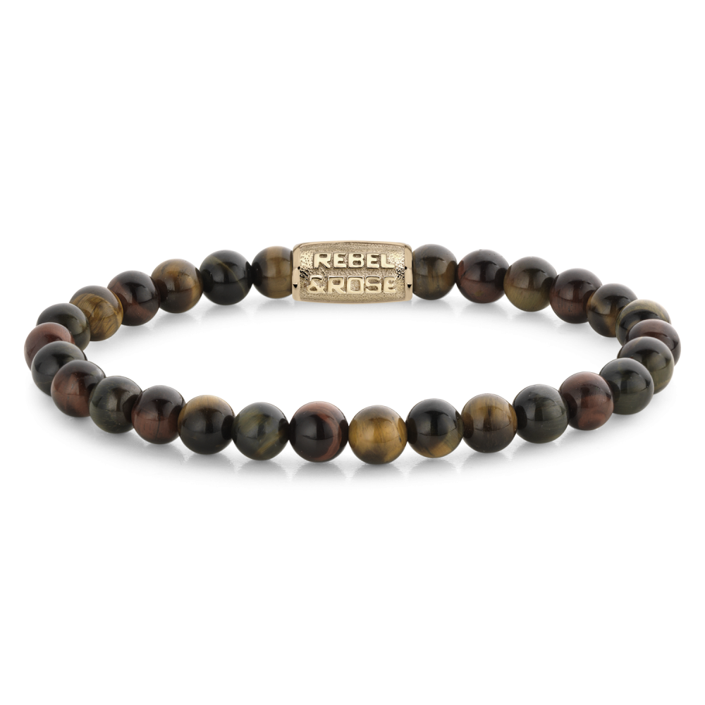 Edelstenen bead armband, handgemaakt van 6mm Tijgeroog stenen met een 18 karaat goud vergulde sluiting. Het Rebel & Rose sieraad is mooi te combineren met onze andere leren, zilveren of kralenarmbanden.
