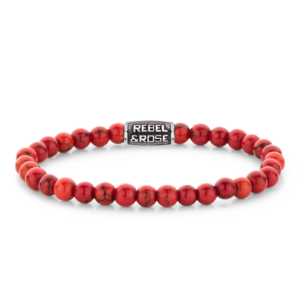 Natuurstenen armband van het merk Rebel & Rose. De armband heeft een hoogwaardige elastische stretch koord, 6mm rode Turkoois natuurstenen en RVS slotje