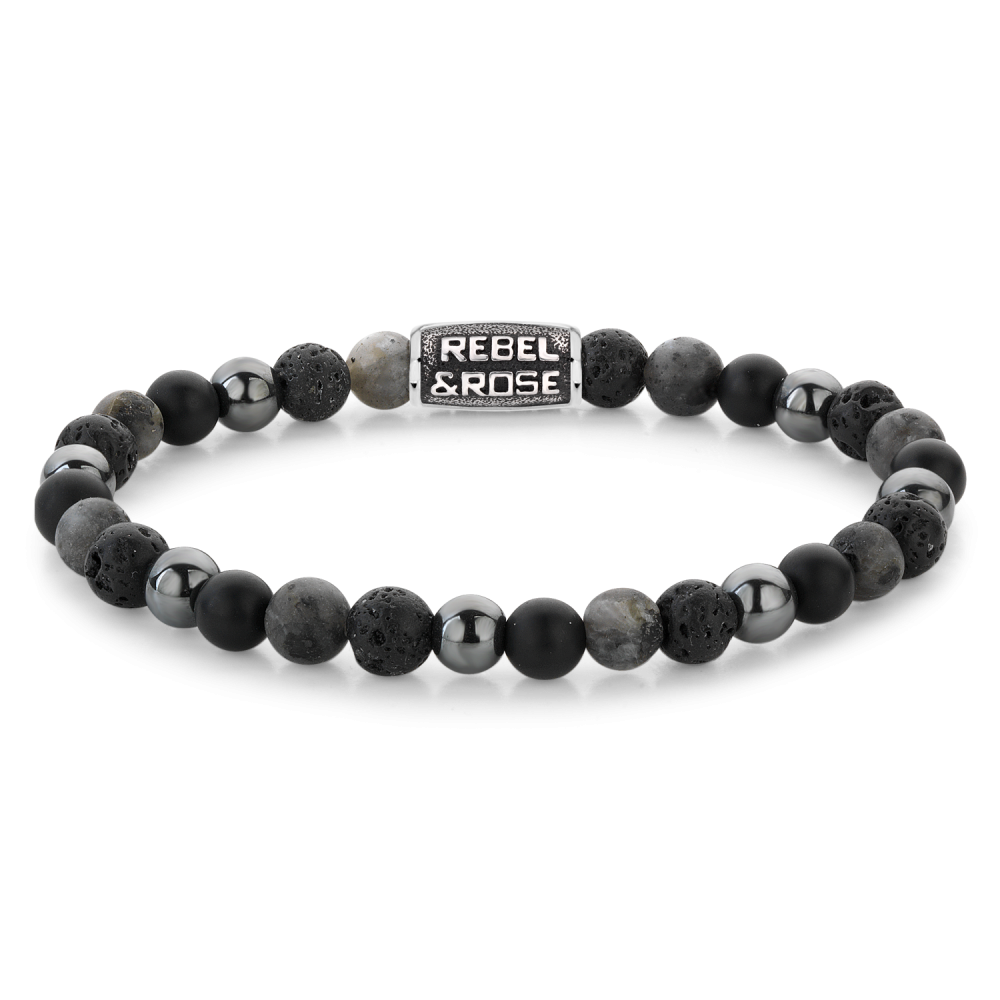 Edelstenen bead armband, handgemaakt van 6mm Onyx, Lava, Larvakiet en Hematiet stenen met een edelstalen sluiting. De Vintage look van de sluiting is met de hand aangebracht. Het Rebel & Rose sieraad is makkelijk te combineren met andere zilveren, leren of kralenarmbanden.