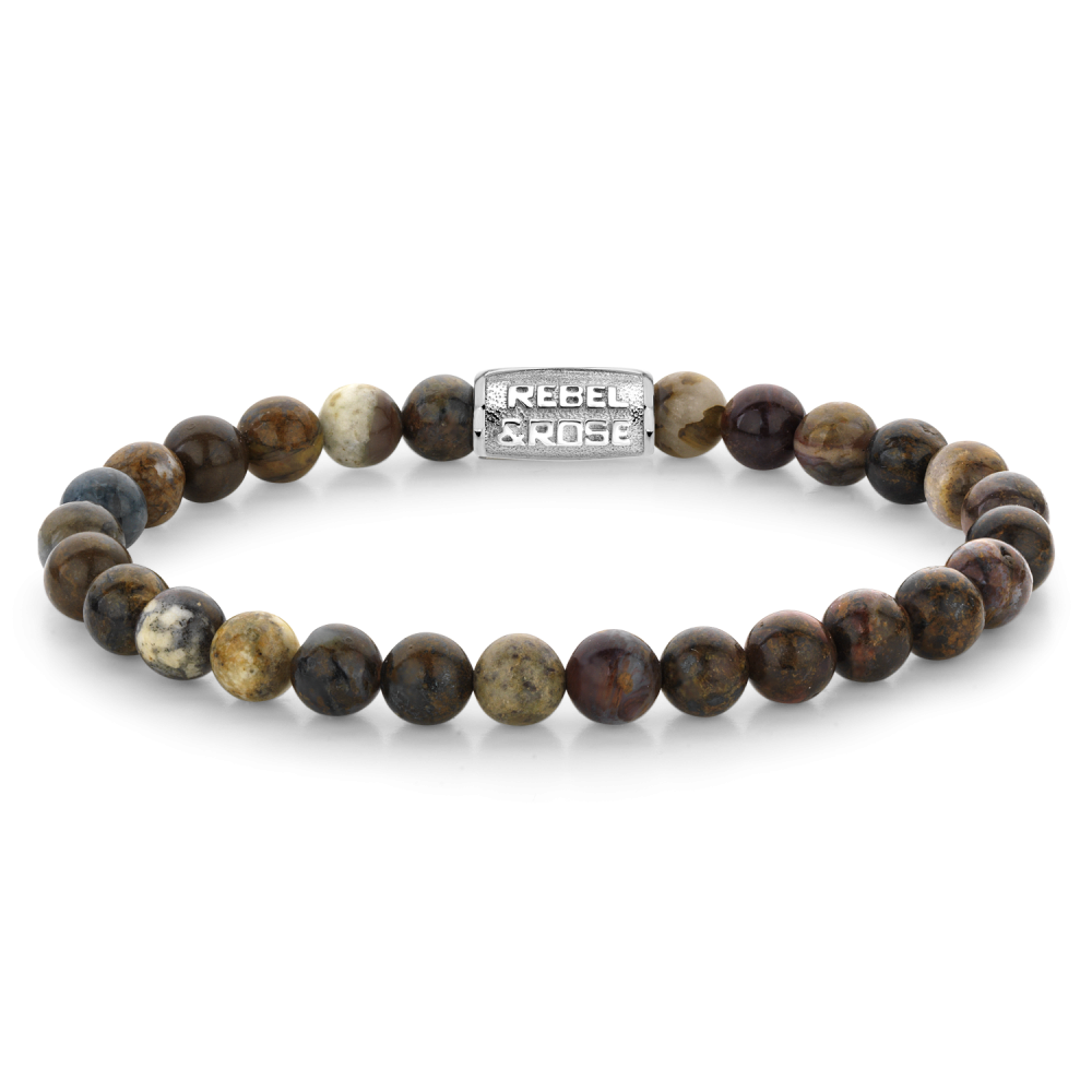 Armband van het merk Rebel & Rose. De armband heeft een hoogwaardige elastische stretch koord, met 6mm kralen van Pietersite.