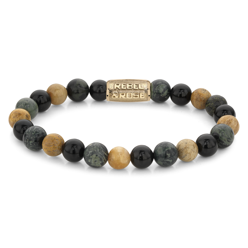 Edelstenen bead armband, handgemaakt van 8mm Ryoliet, Chrysant en zwarte Agaat stenen met een 18 karaat goud ion-plated edelstalen sluiting.