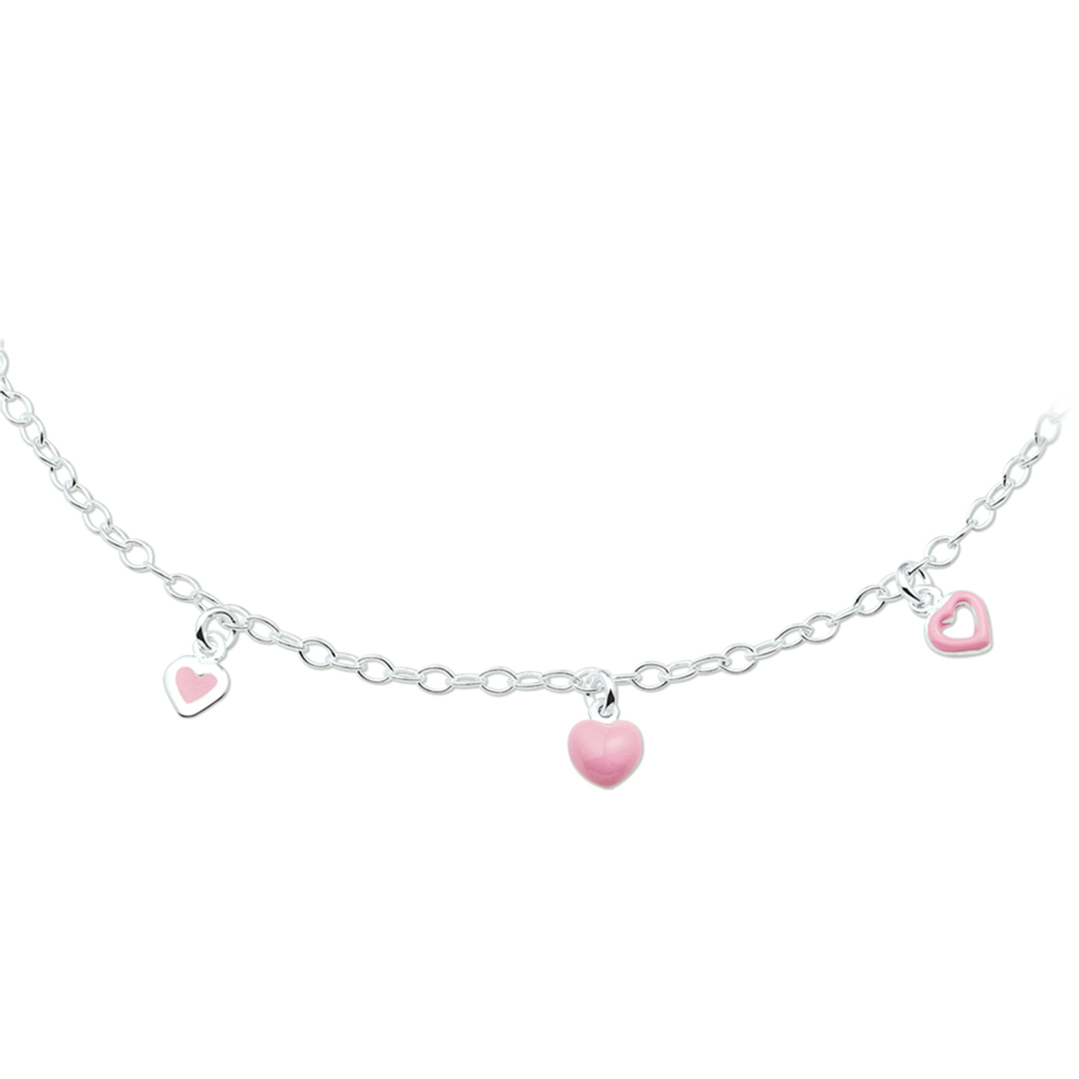Beschrijving: Zilveren collier met 3 hartjes van roze emaille. De lengte van het collier bedraagt 38cm.
Verpakt per: 1
Doelgroep: kinderen
Langste lengte: 38 mm