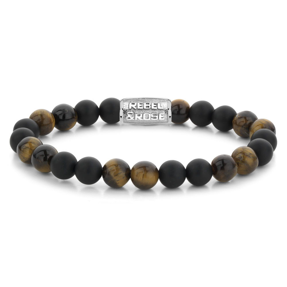 Bead armband, handgemaakt van 8mm edelstenen en met een zilverkleurige sluiting. Het Rebel & Rose sieraad is makkelijk te combineren met andere zilveren, leren of kralenarmbanden.